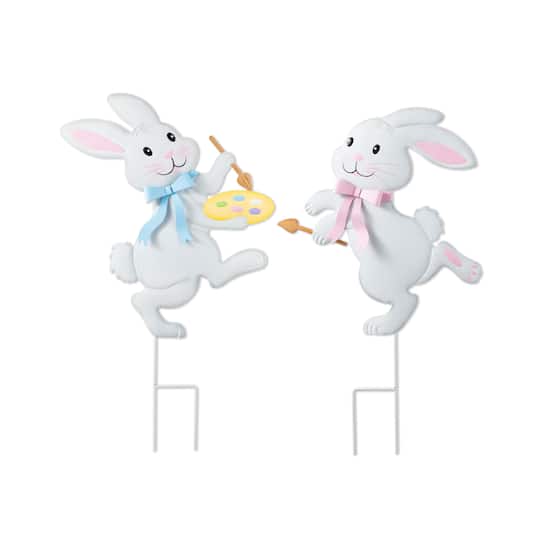 Glitzhome® Set of 2 Easter Metal Bunny Painter Yard Stake